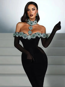 Women's Black Crystal Bandage Maxi Dress