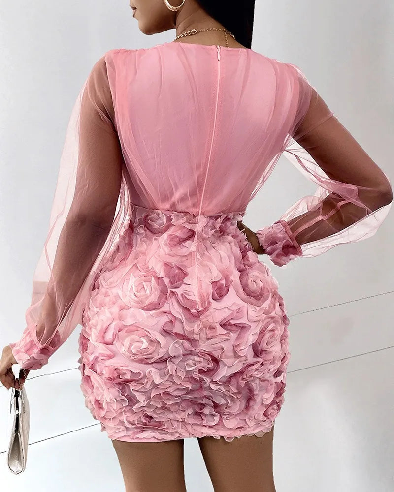 Women’s Elegant Pink V-Neck Dress with Floral Design