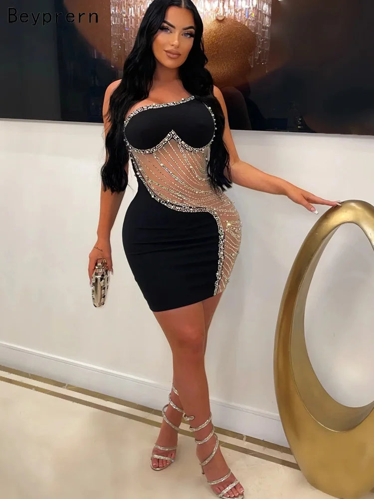 Beyprern Gorgeous Rhinestone Mesh Party Dress
