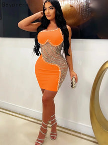 Beyprern Gorgeous Rhinestone Mesh Party Dress