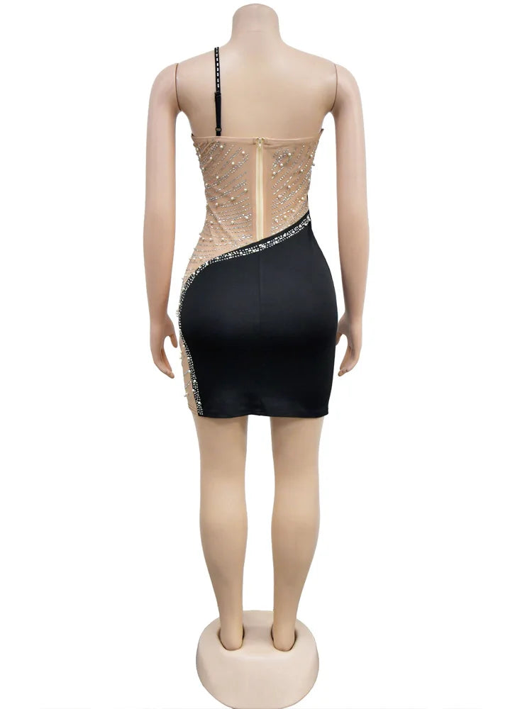 Beyprern Gorgeous Rhinestone Mesh Party Dress