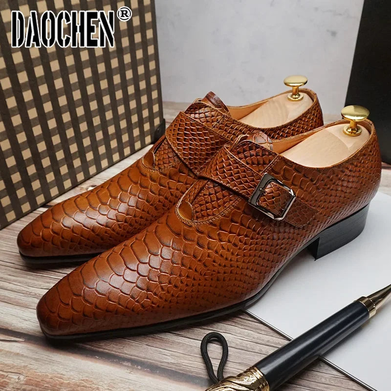 Men’s Snake Print Black & Brown Leather Loafers