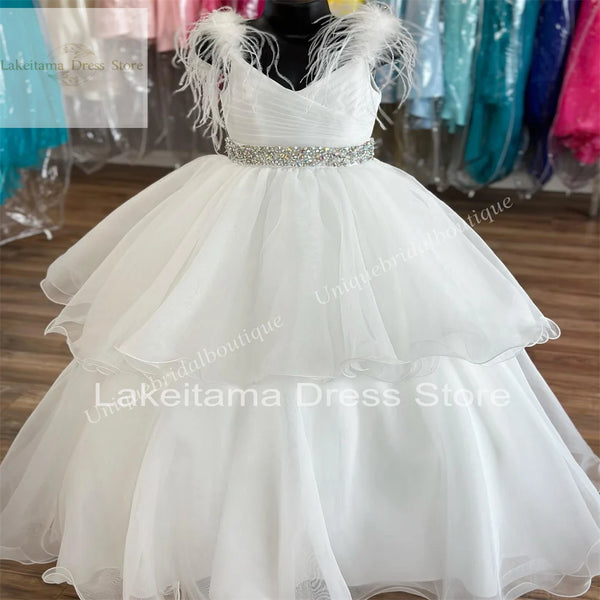 Flower Girl Dresses Crystals Feathers Organza Little Kid Birthday Formal Party Gown Toddler Teens Preteen Tiny Young Junior Miss