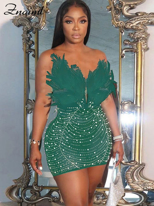 Women’s Diamond Mesh Mini Dress with Feathers
