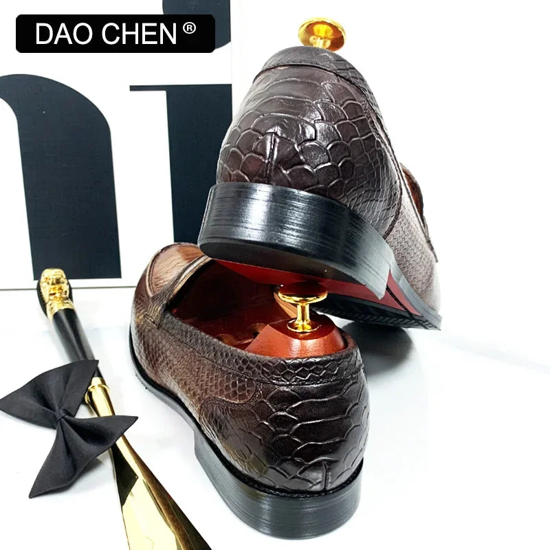 Luxury Snake-Print Leather Loafer Shoes for Men