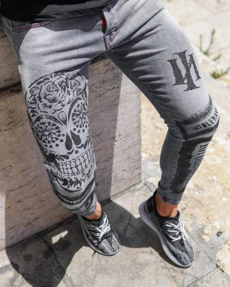 Mens Stretchy Ripped Skinny Embroidered Jeans Men's White Pants Destroyed Hole Slim Fit Denim High Quality Hip Hop Men trousers