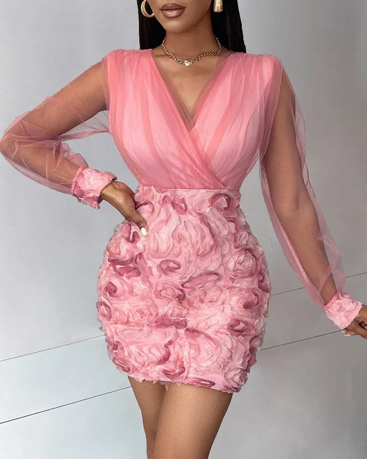 Women’s Elegant Pink V-Neck Dress with Floral Design