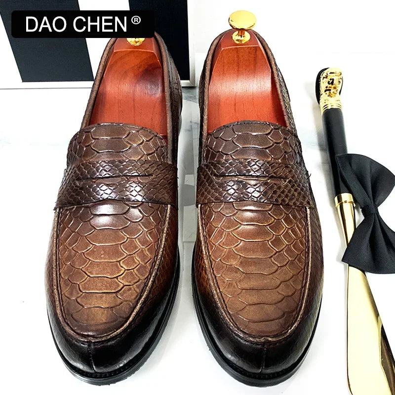 Luxury Snake-Print Leather Loafer Shoes for Men
