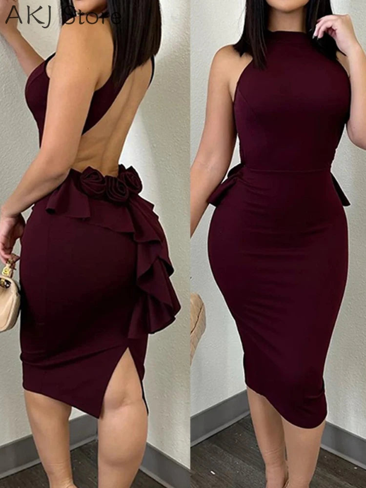 Women's Backless Ruffle Hem Party Dress