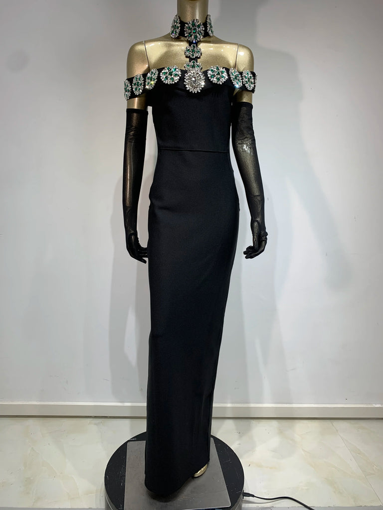 Women's Black Crystal Bandage Maxi Dress