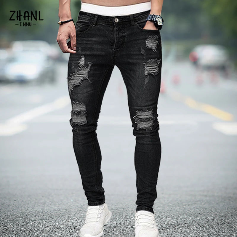 Mens Stretchy Ripped Skinny Embroidered Jeans Men's White Pants Destroyed Hole Slim Fit Denim High Quality Hip Hop Men trousers