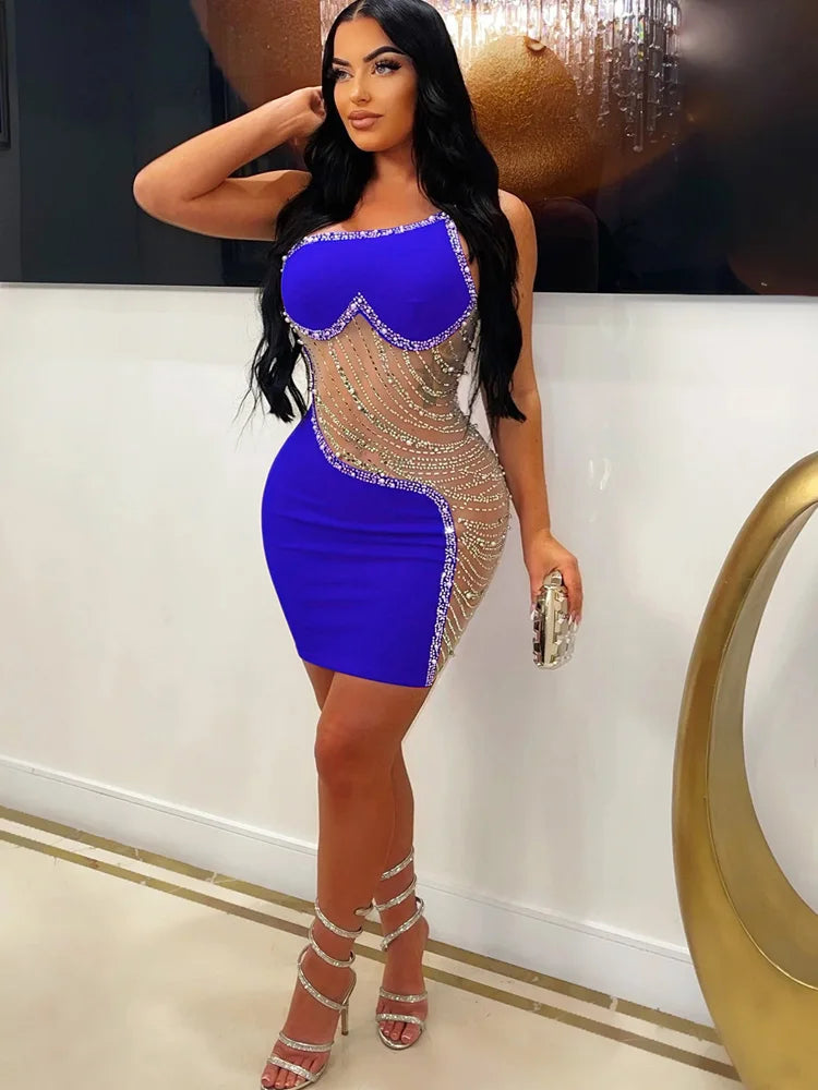 Beyprern Gorgeous Rhinestone Mesh Party Dress