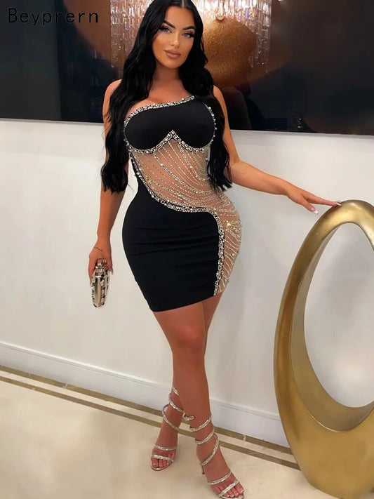 Beyprern Gorgeous Rhinestone Mesh Party Dress