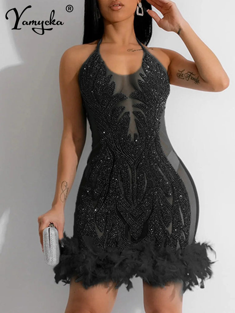 Women’s Stunning Sheer Mesh Sequin Slip Dress