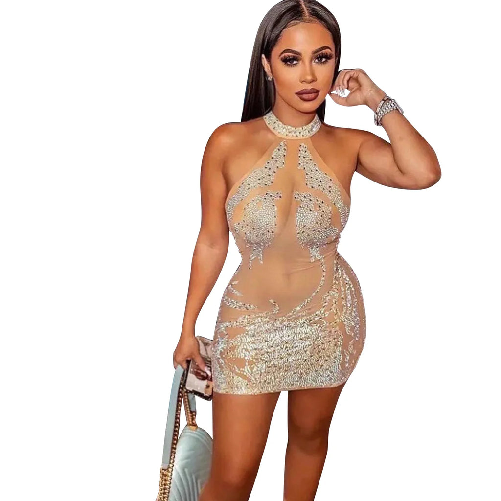 Women's Diamond Mesh Dress with  Rhinestone Design