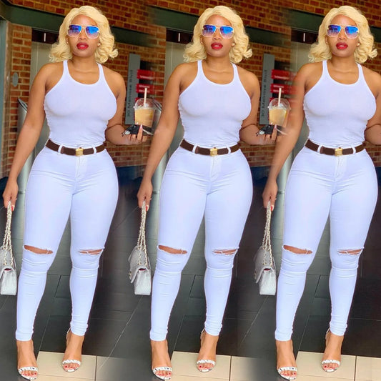 Women's White High-Waist Ripped Jeans