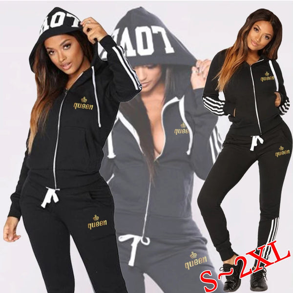 Women's striped zippered sports hoodie pants sportswear two-piece set long sleeved pants sportswear set