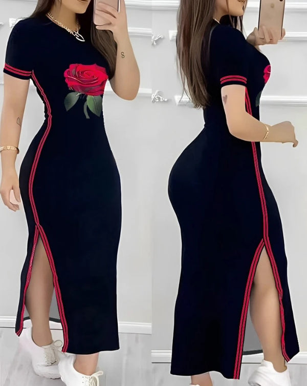Womens Dresses Summer Fashion Striped Rose Print Side Slit Casual O-Neck Short Sleeve Skinny Daily A Line Long Dress