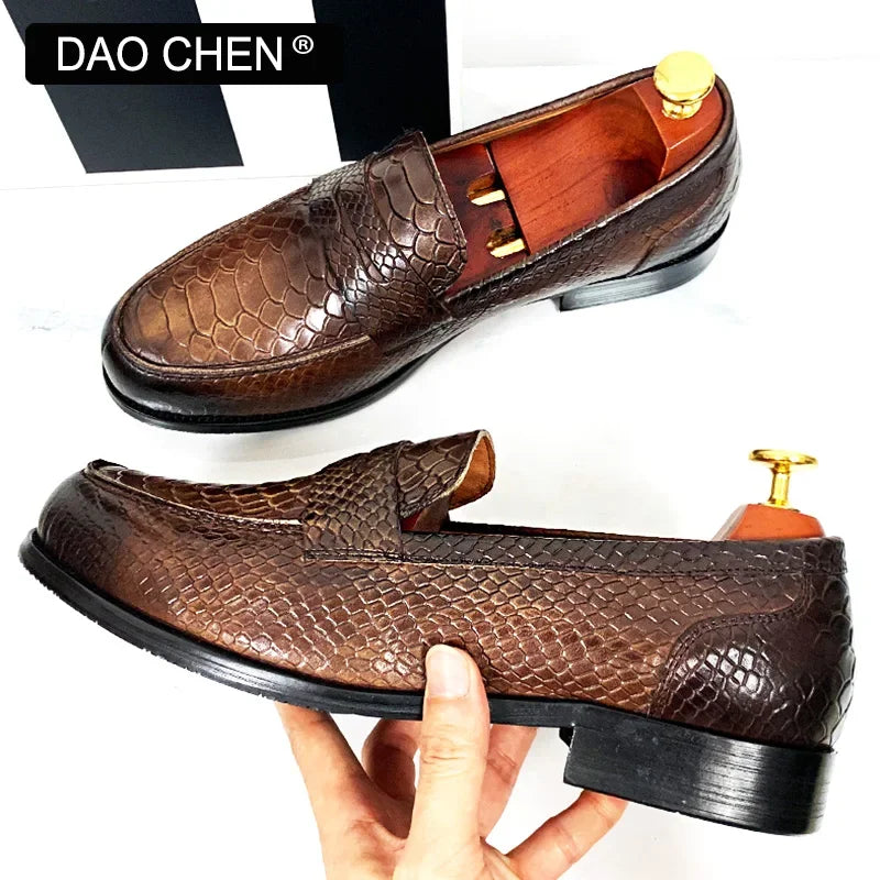 Luxury Snake-Print Leather Loafer Shoes for Men