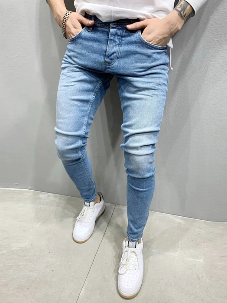 Mens Stretchy Ripped Skinny Embroidered Jeans Men's White Pants Destroyed Hole Slim Fit Denim High Quality Hip Hop Men trousers