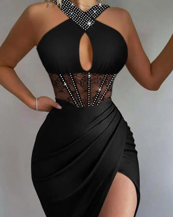 Sexy Night Out Party Dresses for Women Rhinestone Ruched High Slit Contrast Lace Corset Sleeveless Halter Slim Dress New