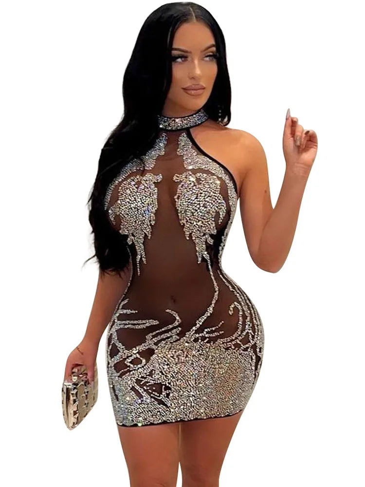 Women's Diamond Mesh Dress with  Rhinestone Design