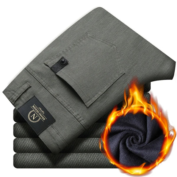 Winter Men's Warm Slim Fit Business Casual Fashion Thicken Trousers Fleece Stretch Brand Pants Black Grey Army Green