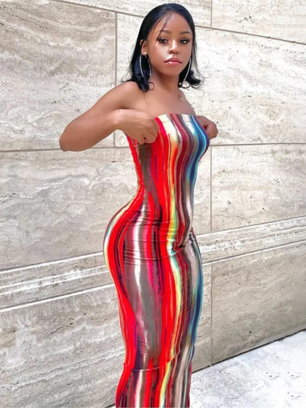 Spring And Summer Dresses For Women Chest Wrap Printed Off Shoulder Bandage Slim Sexy Long Dress New Fashion party MsChuh