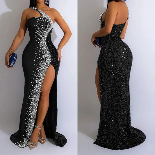 Women’s V-Neck Diamond Mesh Long Dress