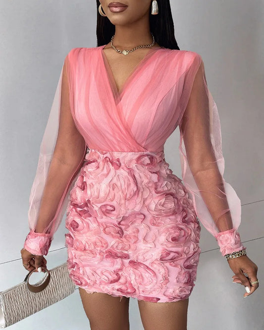 Women’s Elegant Pink V-Neck Dress with Floral Design
