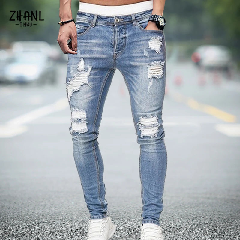 Mens Stretchy Ripped Skinny Embroidered Jeans Men's White Pants Destroyed Hole Slim Fit Denim High Quality Hip Hop Men trousers