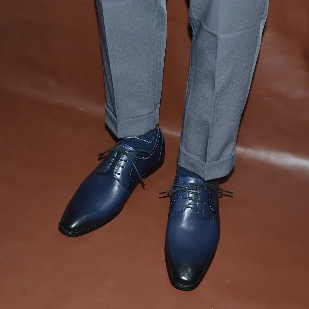 Men’s Blue Leather Derby Shoes for Wedding & Business Wear