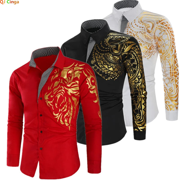 Men's Brand Shirt, Luxury Gold High Quality Long Sleeve Shirts, Business White Black Men Dress Prom Social Print Shirts