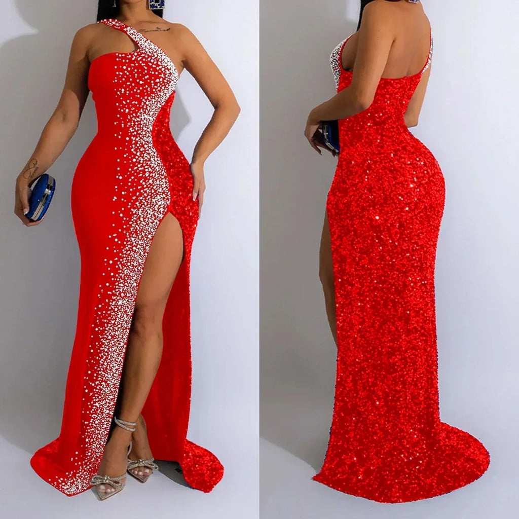 Women’s V-Neck Diamond Mesh Long Dress