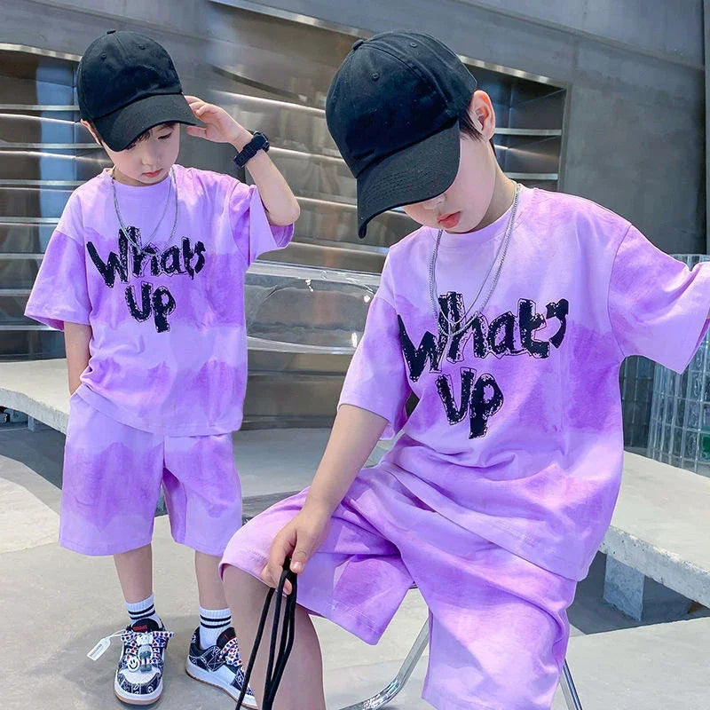 2024 New Boy Summer Quick dry Suit Children Streetwear what's up Short Sleeve TShirt + Shorts Two piece Sports Set Loose Outfits