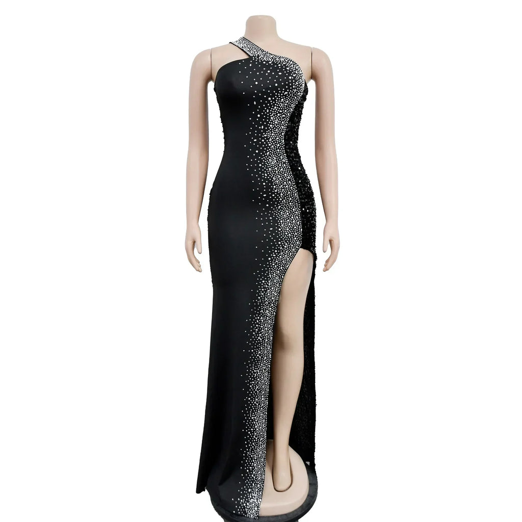 Women’s V-Neck Diamond Mesh Long Dress