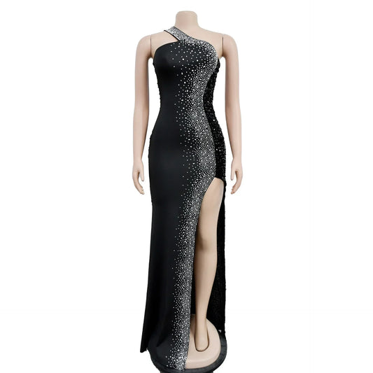 Women’s V-Neck Diamond Mesh Long Dress