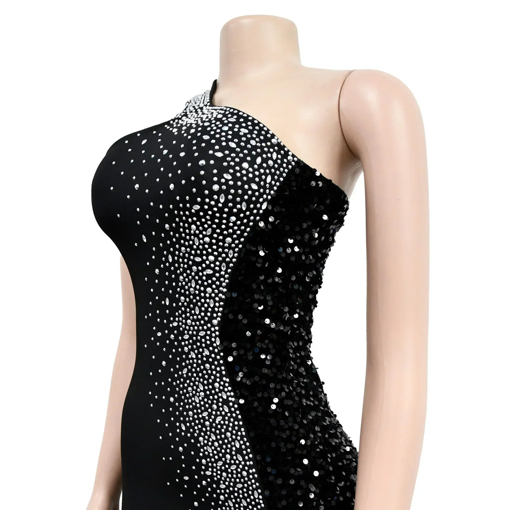 Women’s V-Neck Diamond Mesh Long Dress