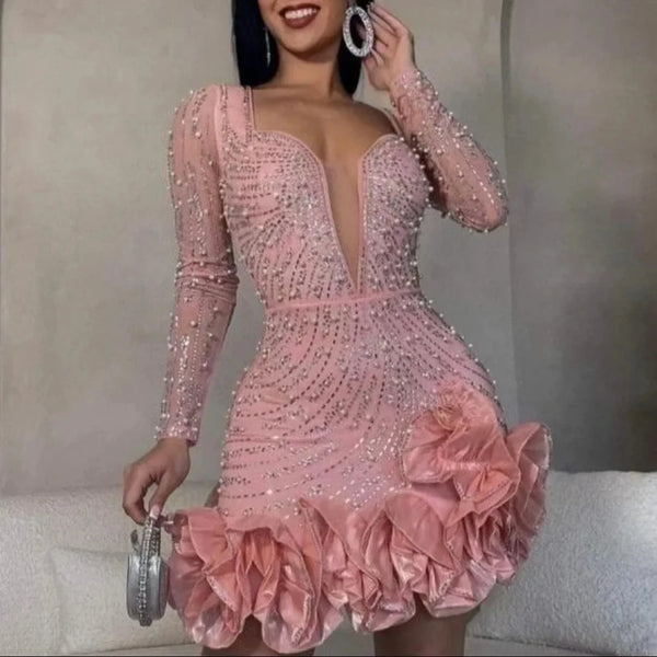 Long Sleeve V Neck Transparent Club Dress Sexy Glittering Diamonds Dress Women Party Birthday Bodycon Mini Dresses Vestidos