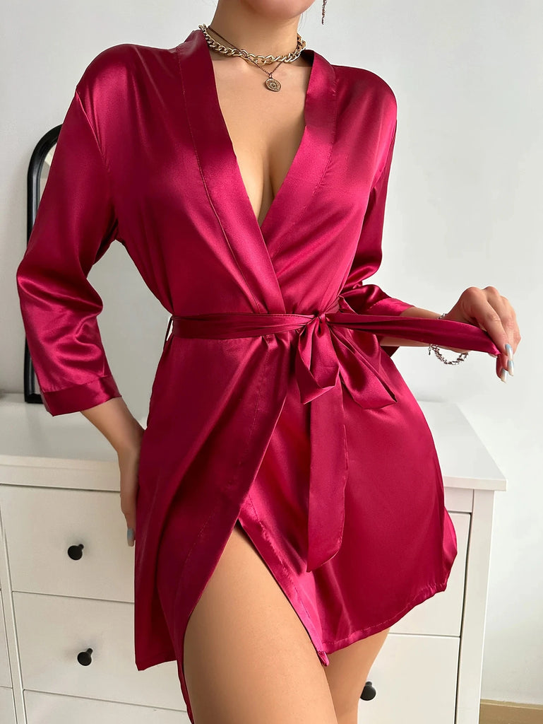 Women's Satin Silk Night Robe with Waist Belt