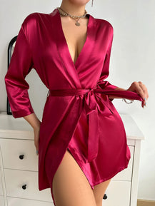Women's Satin Silk Night Robe with Waist Belt