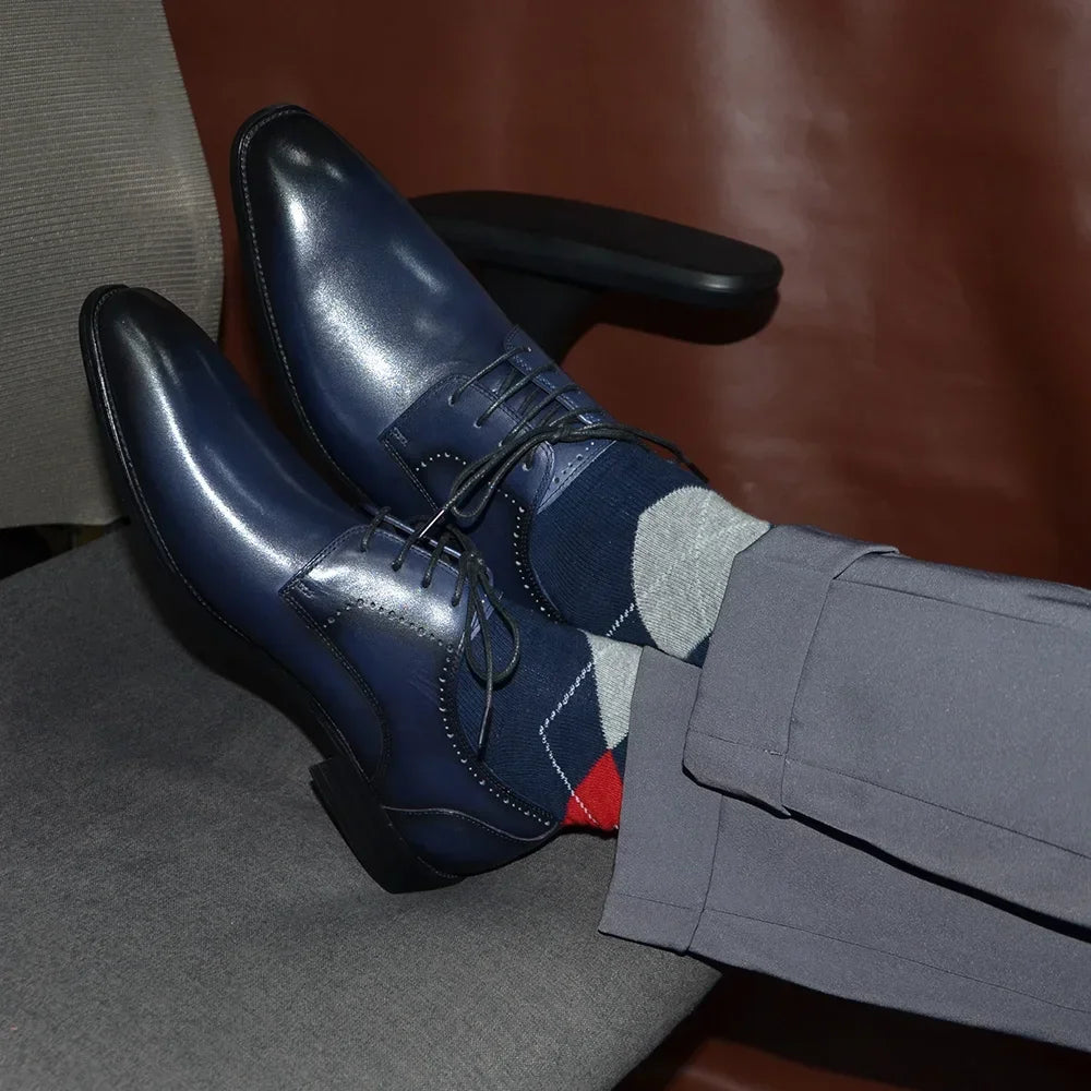 Men’s Blue Leather Derby Shoes for Wedding & Business Wear