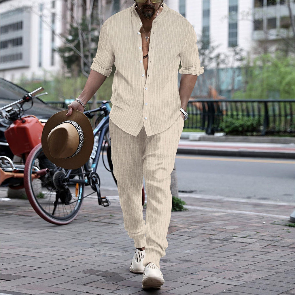 Men’s Henley Collar Shirt & Trousers Set