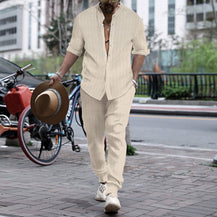 Men’s Henley Collar Shirt & Trousers Set