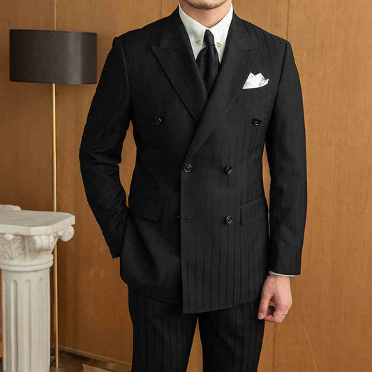 Men’s Handsome Black Striped Double-Breasted Suit