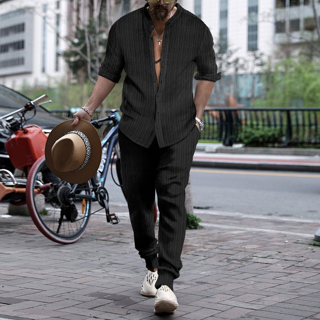 Men’s Henley Collar Shirt & Trousers Set