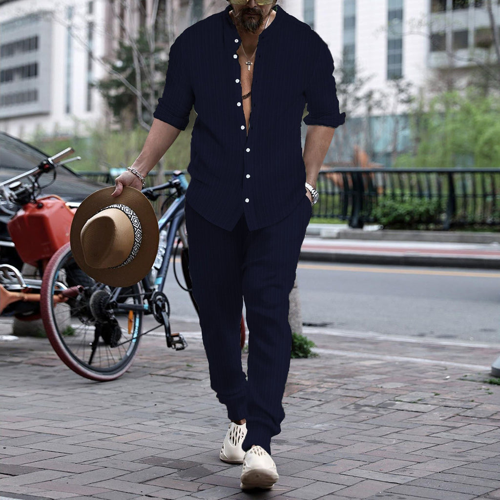 Men’s Henley Collar Shirt & Trousers Set