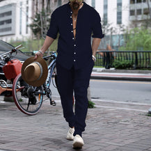 Men’s Henley Collar Shirt & Trousers Set