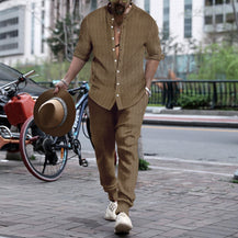 Men’s Henley Collar Shirt & Trousers Set