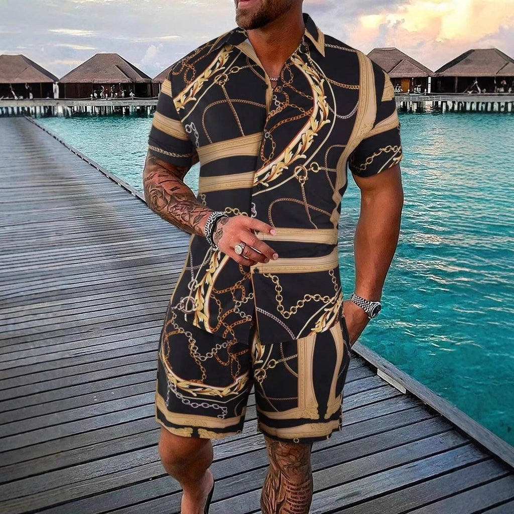 Men’s Luxury Gold Chain Shirt & Shorts Outfit